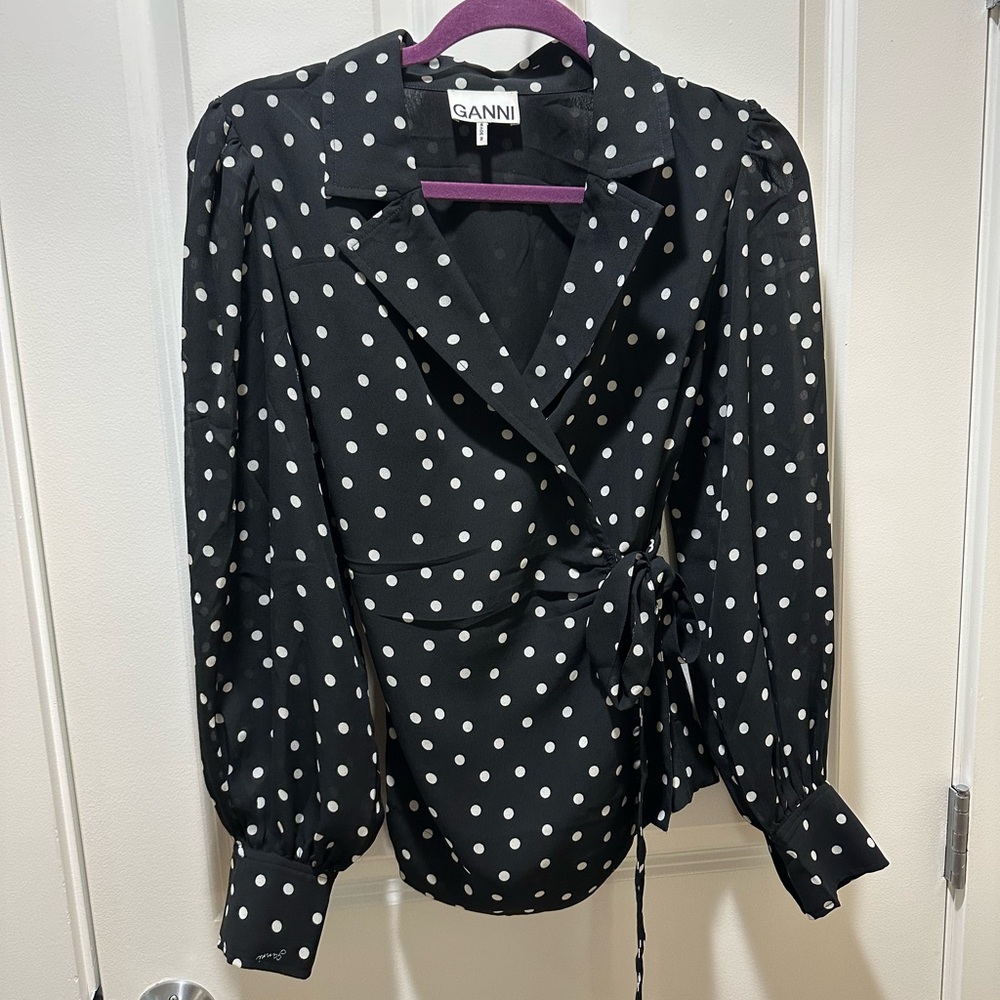 Ganni Black and White Polka Dot Blouse